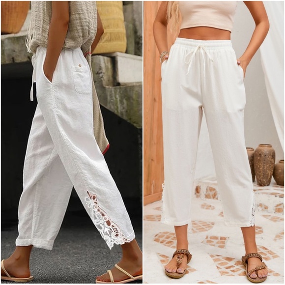 White Lace Detail stretchy waist Pockets Pants - Picture 1 of 7